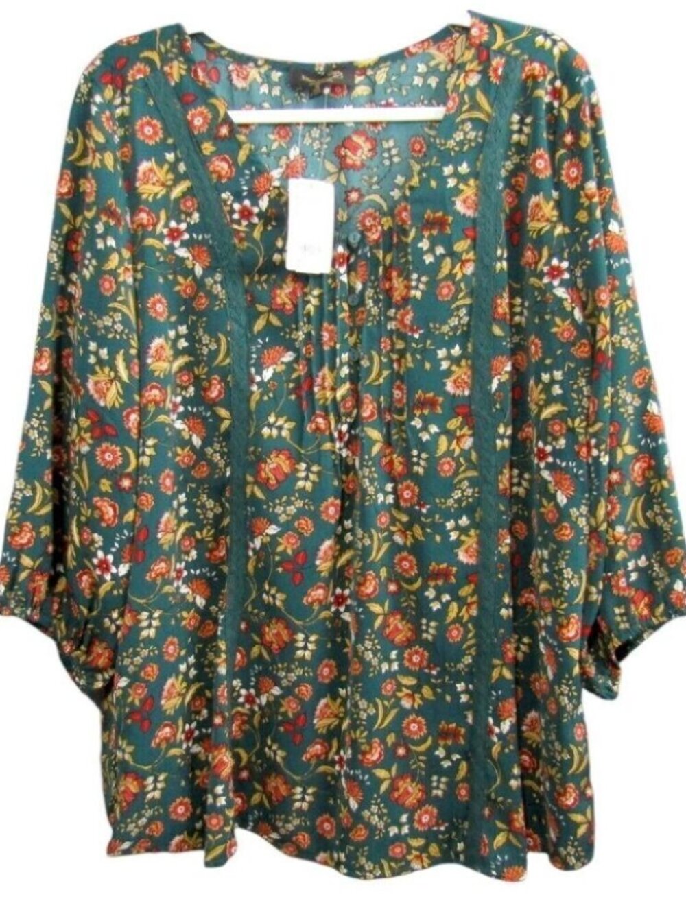 Suzanne Betro Signature Teal Floral Lace Trim Henley Tunic Top Size XL New Tag